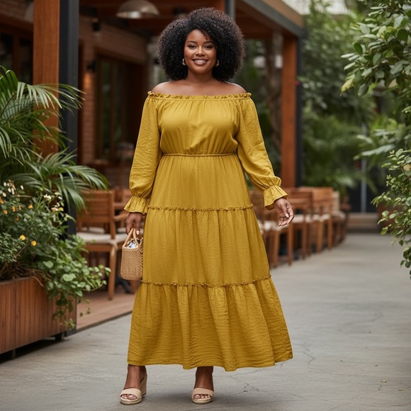 Floryday Mustard Yellow Off-Shoulder Tiered Maxi Dress – Size XL - Picture 1 of 5
